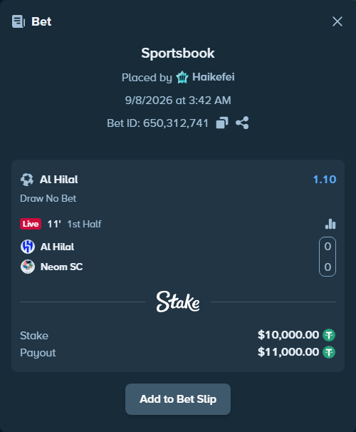 Bet slip: Al Hilal - Neom SC, $10,000.00 stake at 1.10 odds, placed by Haikefei