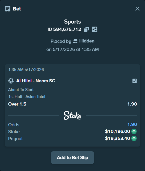 Bet slip: Al Hilal - Neom SC, $10,196.19 stake at 1.90 odds, placed by Hidden