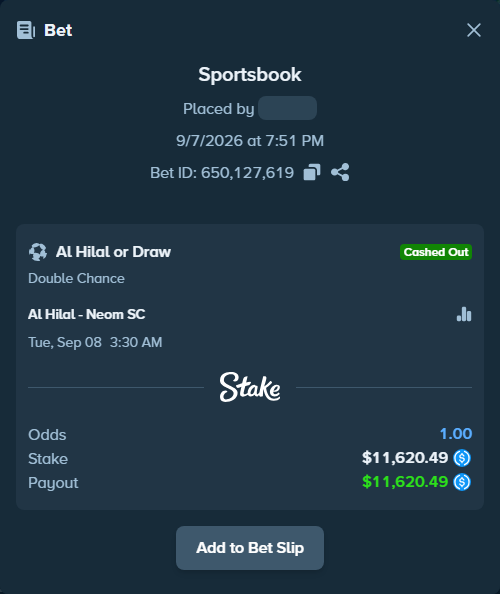 Bet slip: Al Hilal - Neom SC, $11,620.49 stake at 1.06 odds, placed by Arbe7