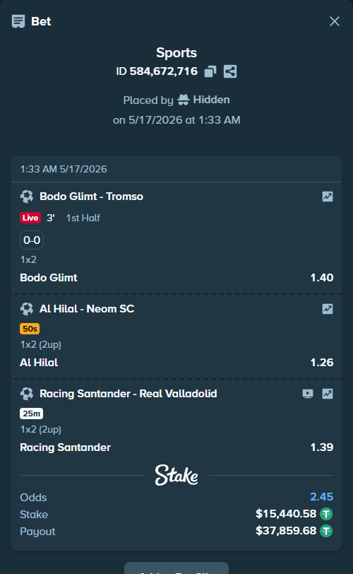 Bet slip: Al Hilal - Neom SC, $15,456.02 stake at 1.26 odds, placed by Hidden