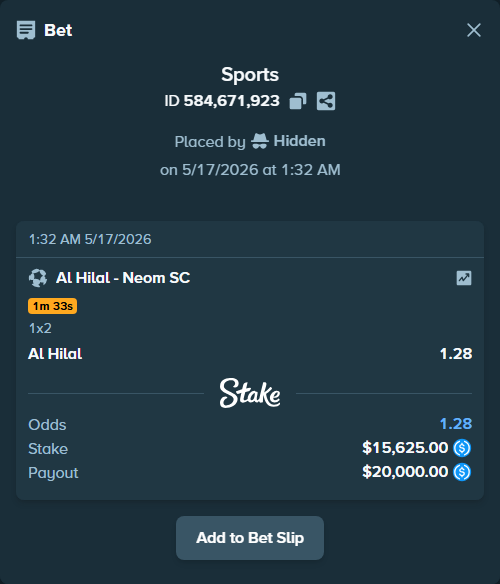 Bet slip: Al Hilal - Neom SC, $15,625.00 stake at 1.28 odds, placed by Hidden