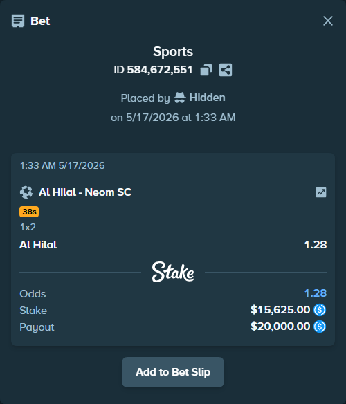 Bet slip: Al Hilal - Neom SC, $15,625.00 stake at 1.28 odds, placed by Hidden