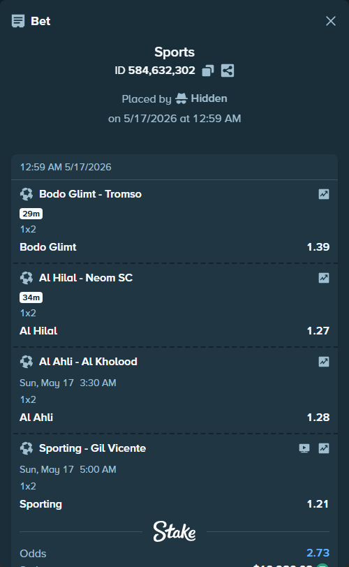 Bet slip: Al Hilal - Neom SC, $20,000.00 stake at 1.27 odds, placed by Hidden