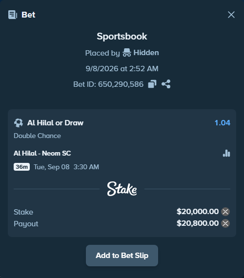 Bet slip: Al Hilal - Neom SC, $20,031.20 stake at 1.04 odds, placed by Hidden