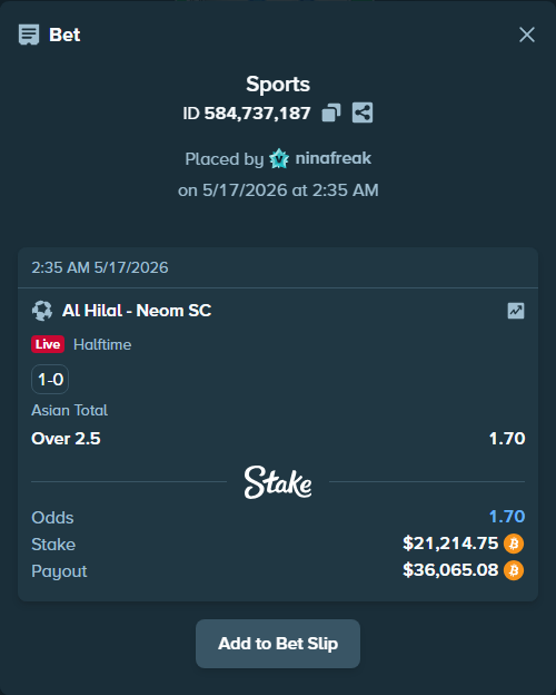 Bet slip: Al Hilal - Neom SC, $17,416.29 stake at 1.70 odds, placed by ninafreak