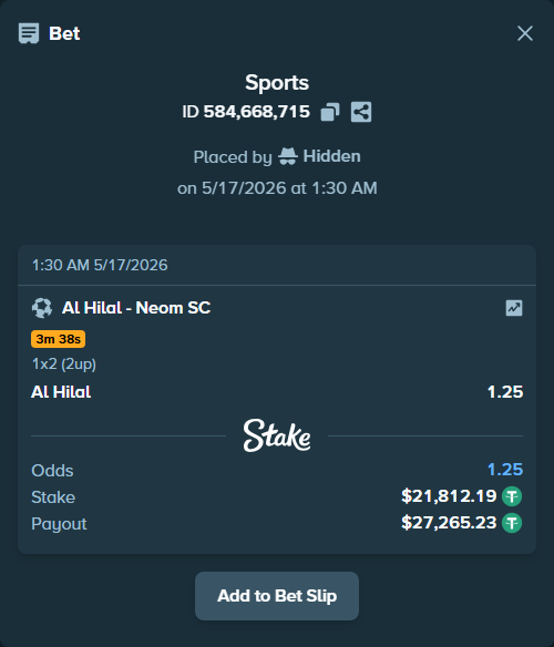 Bet slip: Al Hilal - Neom SC, $21,834.00 stake at 1.25 odds, placed by Hidden