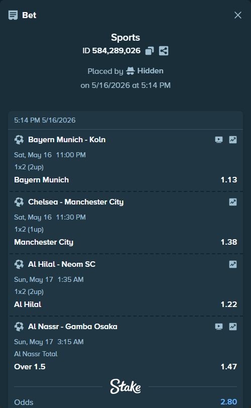 Bet slip: Al Hilal - Neom SC, $25,025.00 stake at 1.22 odds, placed by Hidden