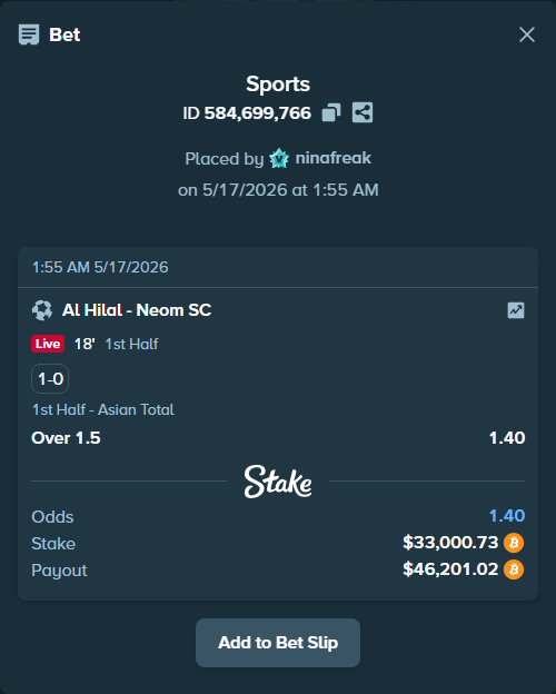 Bet slip: Al Hilal - Neom SC, $27,092.00 stake at 1.40 odds, placed by ninafreak