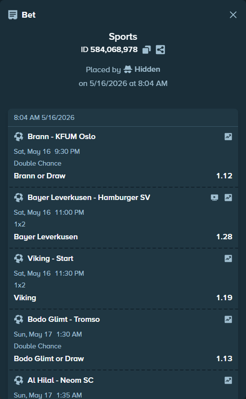 Bet slip: Al Hilal - Neom SC, $64,187.00 stake at 1.26 odds, placed by Hidden
