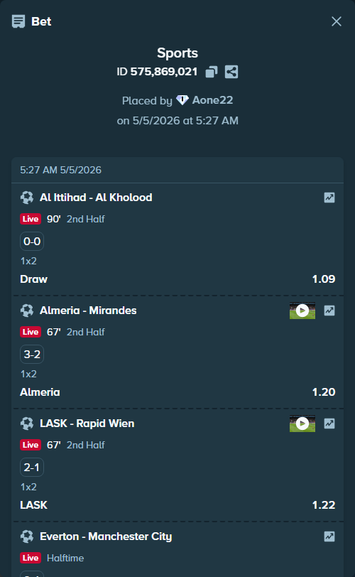 Bet slip: Al Ittihad - Al Kholood, $12,856.40 stake at 1.09 odds, placed by Aone22