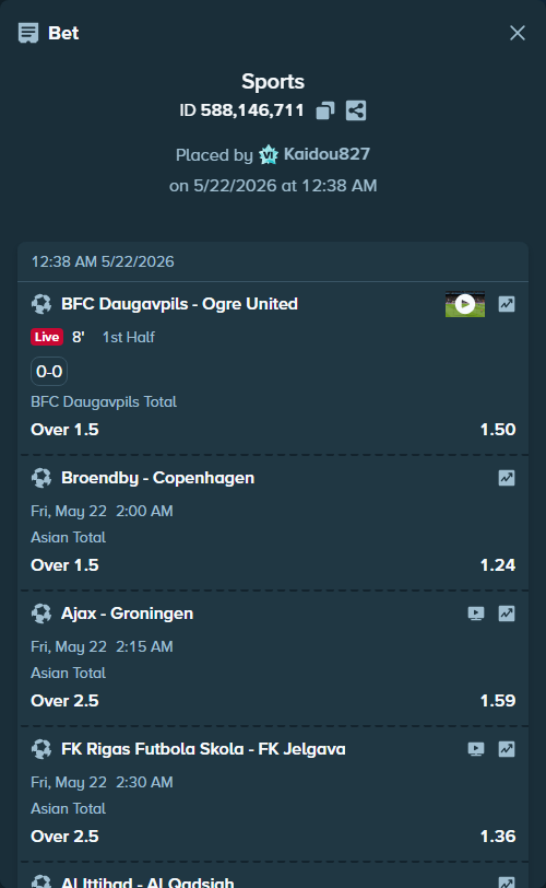 Bet slip: Al Ittihad - Al Qadsiah, $9,504.07 stake at 1.46 odds, placed by Kaidou827
