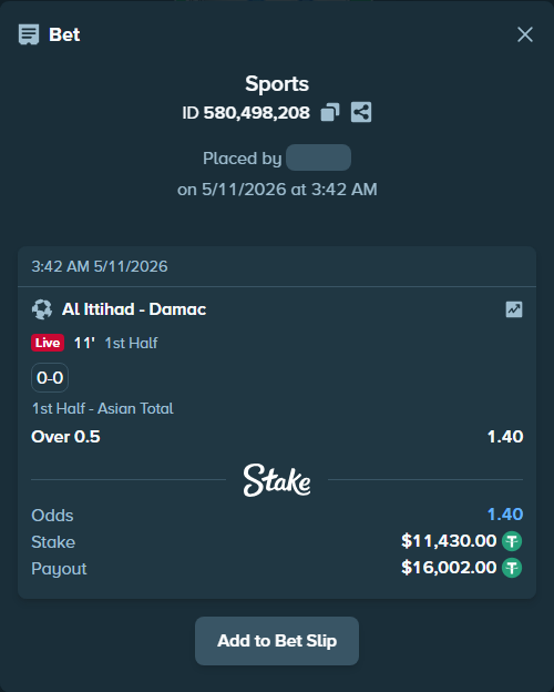 Bet slip: Al Ittihad - Damac, $11,430.00 stake at 1.40 odds, placed by rmaghsdudthd