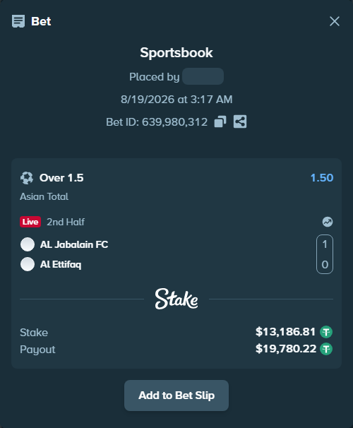 Bet slip: Al-Jabalain - Al Ettifaq, $13,200.00 stake at 1.50 odds, placed by tlwns4736