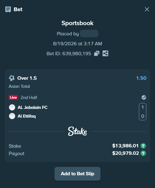 Bet slip: Al-Jabalain - Al Ettifaq, $14,000.00 stake at 1.50 odds, placed by Jackpoor