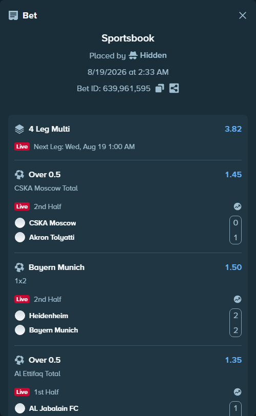 Bet slip: Al-Jabalain - Al Ettifaq, $26,002.17 stake at 1.35 odds, placed by Hidden