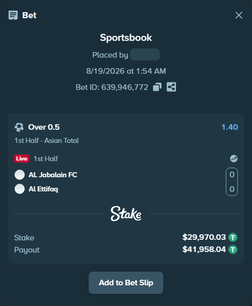 Bet slip: Al-Jabalain - Al Ettifaq, $30,000.00 stake at 1.40 odds, placed by Jackpoor