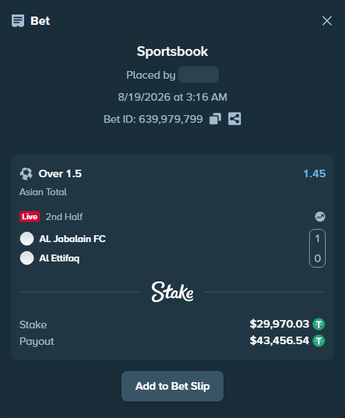 Bet slip: Al-Jabalain - Al Ettifaq, $30,000.00 stake at 1.45 odds, placed by Jackpoor