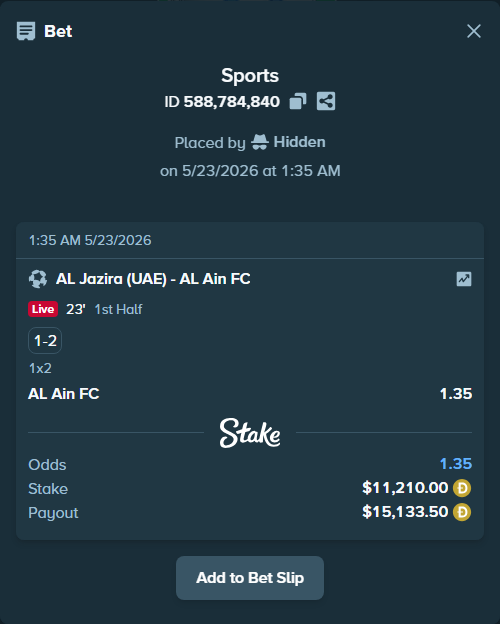 Bet slip: Al Jazira (UAE) - Al Ain FC, $8,843.22 stake at 1.35 odds, placed by Hidden