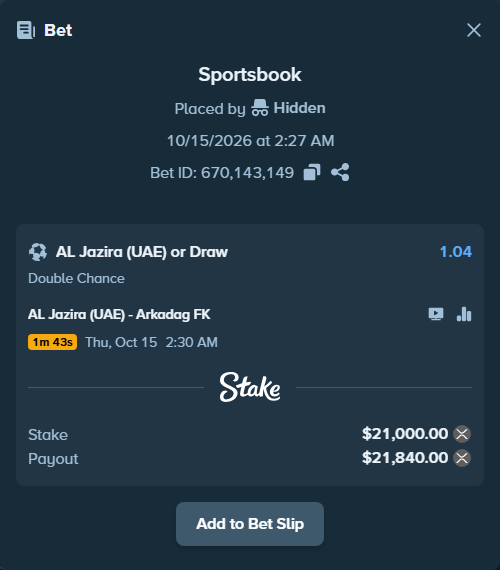 Bet slip: Al Jazira (UAE) - Arkadag FK, $20,894.43 stake at 1.04 odds, placed by Hidden