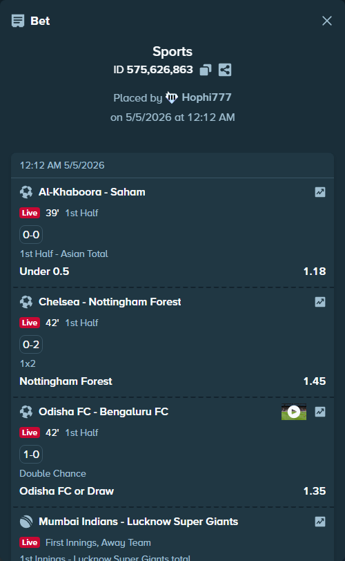 Bet slip: Al-Khaboora - Saham, $26,632.51 stake at 1.18 odds, placed by Hophi777