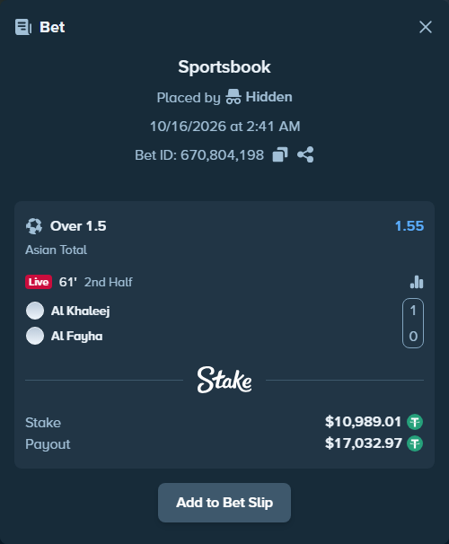 Bet slip: Al Khaleej - Al Fayha, $11,000.00 stake at 1.55 odds, placed by Hidden