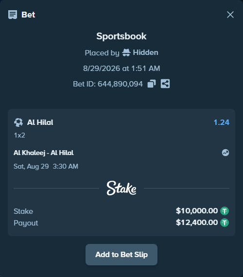Bet slip: Al Khaleej - Al Hilal, $10,000.00 stake at 1.24 odds, placed by Hidden