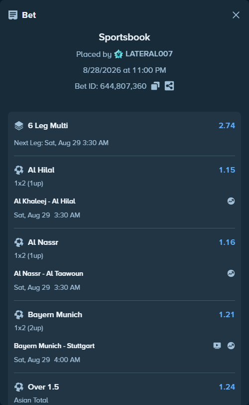 Bet slip: Al Khaleej - Al Hilal, $14,001.00 stake at 1.15 odds, placed by LATERAL007