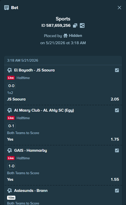 Bet slip: Al Masry Club - AL Ahly SC (EGY), $15,000.00 stake at 1.75 odds, placed by Hidden