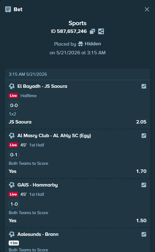 Bet slip: Al Masry Club - AL Ahly SC (EGY), $150,000.00 stake at 1.70 odds, placed by Hidden