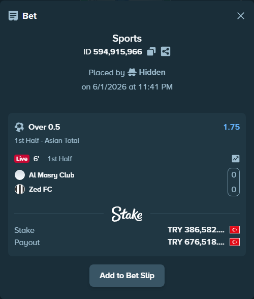 Bet slip: Al Masry Club - Zed FC, $11,597.46 stake at 1.75 odds, placed by Hidden