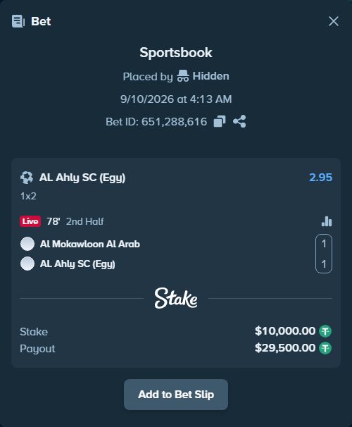 Bet slip: Al Mokawloon Al Arab - AL Ahly SC (EGY), $10,000.00 stake at 2.95 odds, placed by Hidden