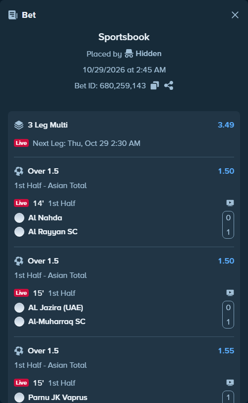 Bet slip: Al Nahda - Al Rayyan SC, $15,749.54 stake at 1.50 odds, placed by Hidden