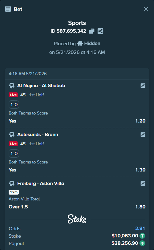 Bet slip: Al Najma - Al Shabab, $10,073.06 stake at 1.20 odds, placed by Hidden