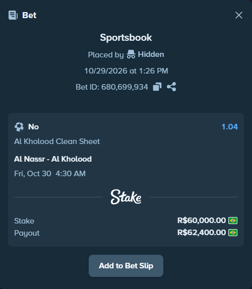 Bet slip: Al Nassr - Al Kholood, $12,000.00 stake at 1.04 odds, placed by Hidden