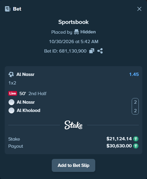 Bet slip: Al Nassr - Al Kholood, $21,145.26 stake at 1.45 odds, placed by Hidden