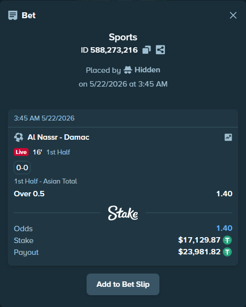 Bet slip: Al Nassr - Damac, $17,147.00 stake at 1.40 odds, placed by Hidden