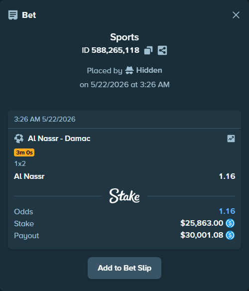 Bet slip: Al Nassr - Damac, $25,863.00 stake at 1.16 odds, placed by Hidden