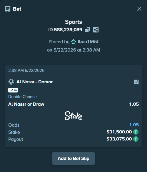 Bet slip: Al Nassr - Damac, $31,531.50 stake at 1.05 odds, placed by Iben1993