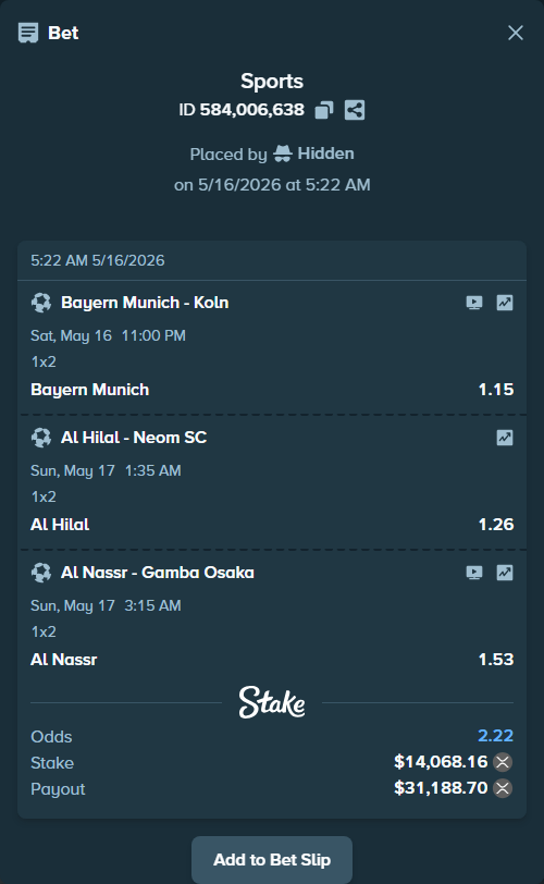 Bet slip: Al Nassr - Gamba Osaka, $11,284.43 stake at 1.53 odds, placed by Hidden