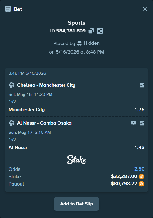 Bet slip: Al Nassr - Gamba Osaka, $26,568.24 stake at 1.43 odds, placed by Hidden