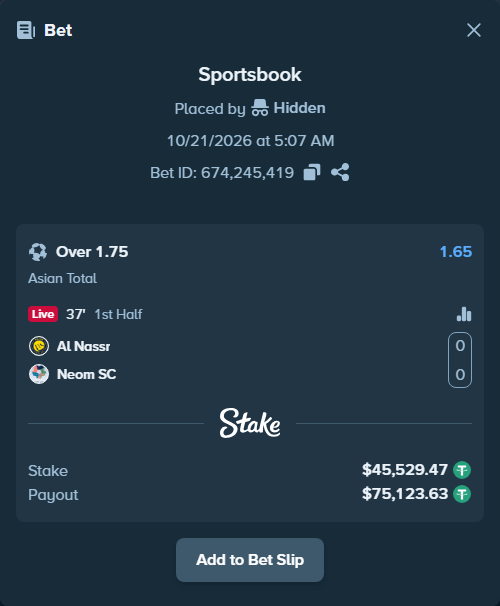 Bet slip: Al Nassr - Neom SC, $45,575.00 stake at 1.65 odds, placed by Hidden