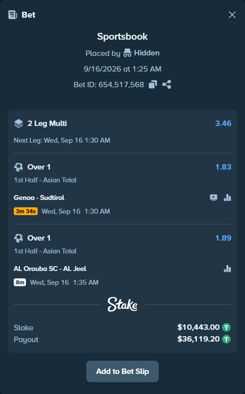 Bet slip: Al-Orobah - AL Jeel, $10,443.00 stake at 1.89 odds, placed by Hidden