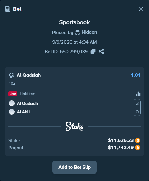 Bet slip: Al Qadsiah - Al Ahli, $11,693.15 stake at 1.01 odds, placed by Hidden