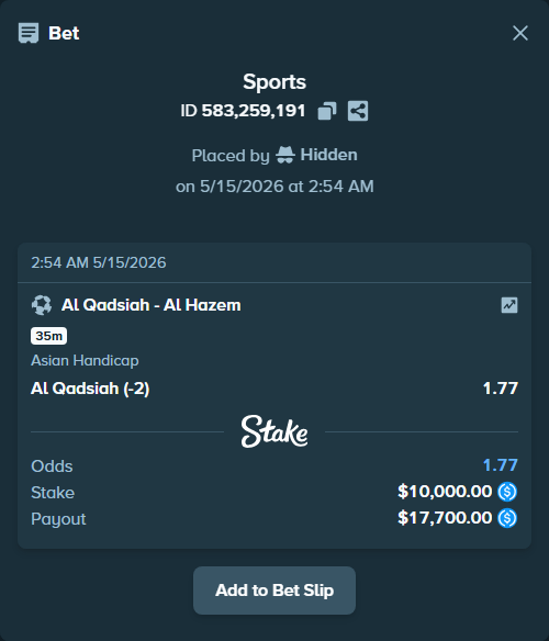 Bet slip: Al Qadsiah - Al Hazem, $10,000.00 stake at 1.77 odds, placed by Hidden