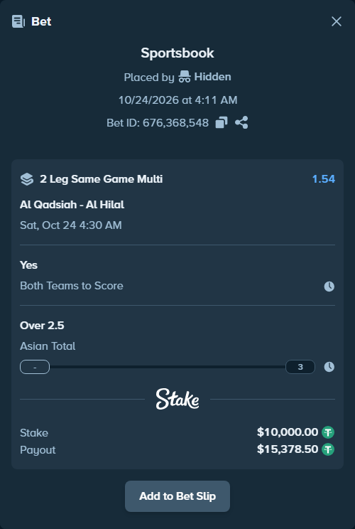 Bet slip: Al Qadsiah - Al Hilal, $10,010.00 stake at 1.37 odds, placed by Hidden