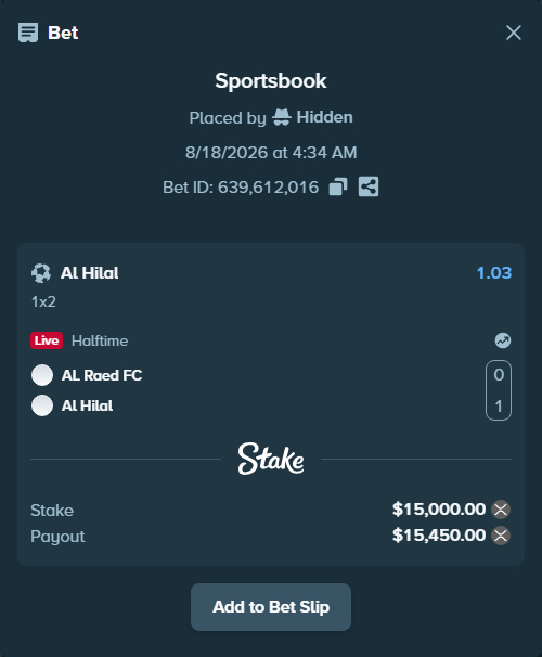 Bet slip: Al-Raed Club - Al Hilal, $14,989.47 stake at 1.03 odds, placed by Hidden