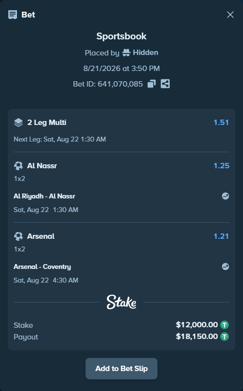 Bet slip: Al Riyadh - Al Nassr, $12,012.00 stake at 1.25 odds, placed by Hidden