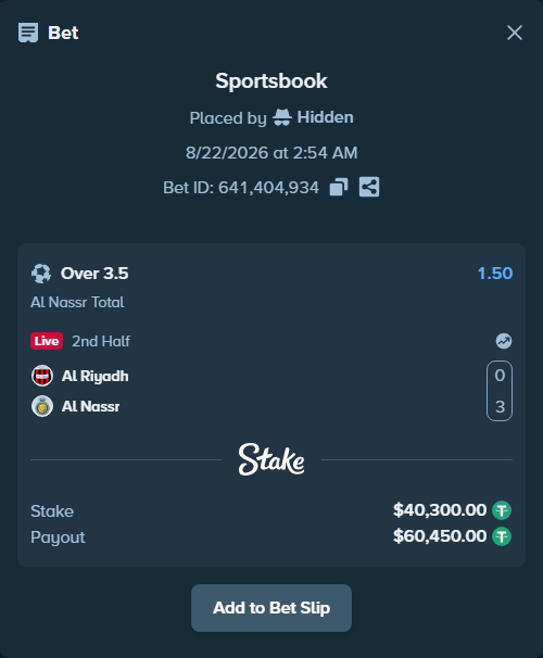 Bet slip: Al Riyadh - Al Nassr, $40,300.00 stake at 1.50 odds, placed by Hidden