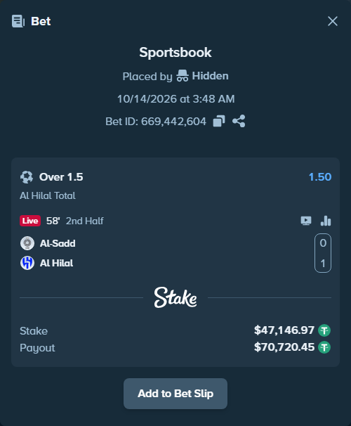 Bet slip: Al Sadd SC - Al Hilal, $47,194.12 stake at 1.50 odds, placed by Hidden