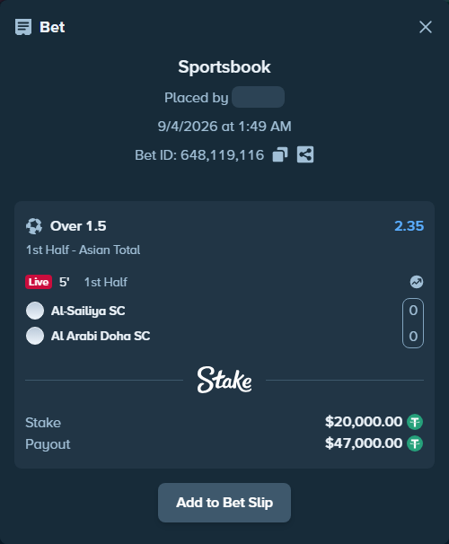 Bet slip: Al-Sailiya SC - Al Arabi Doha SC, $20,000.00 stake at 2.35 odds, placed by tlwns4736